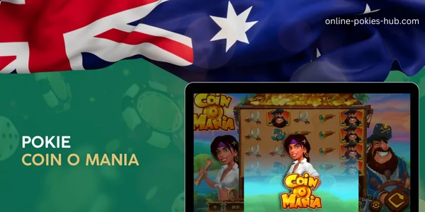 monitor with pokie coin o mania, australian flag, inscription on green playing chips and dice background