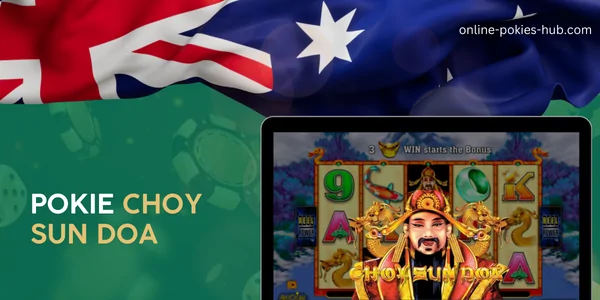 monitor with pokie choy sun doa, australian flag, inscription on green playing chips and dice background