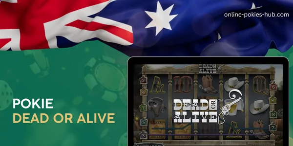 monitor with pokie dead or alive, australian flag, inscription on green playing chips and dice background