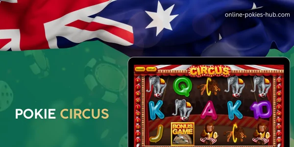 monitor with pokie circus, australian flag, inscription on green playing chips and dice background
