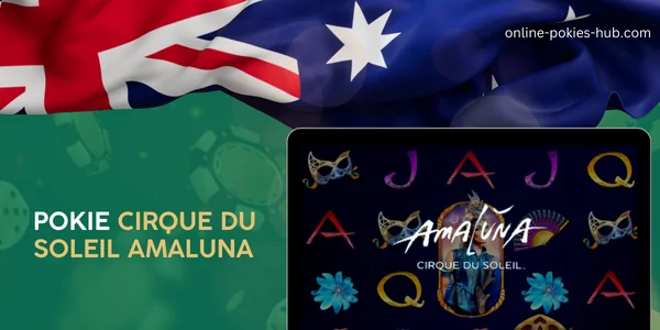 monitor with pokie cirque du soleil amaluna, australian flag, inscription on green playing chips and dice background