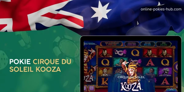 monitor with pokie cirque du soleil kooza, australian flag, inscription on green playing chips and dice background