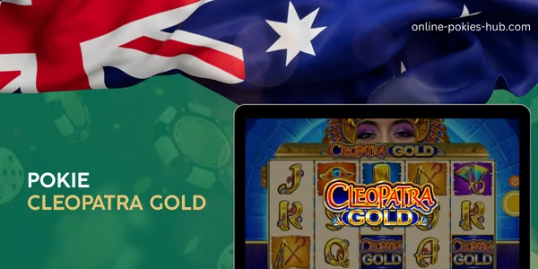 monitor with pokie cleopatra gold, australian flag, inscription on green playing chips and dice background