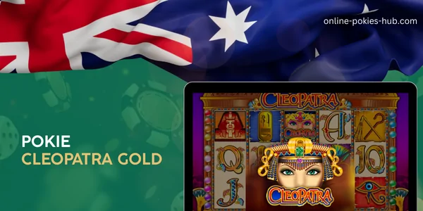 monitor with pokie cleopatra, australian flag, inscription on green playing chips and dice background