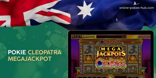 monitor with pokie cleopatra megajackpot, australian flag, inscription on green playing chips and dice background