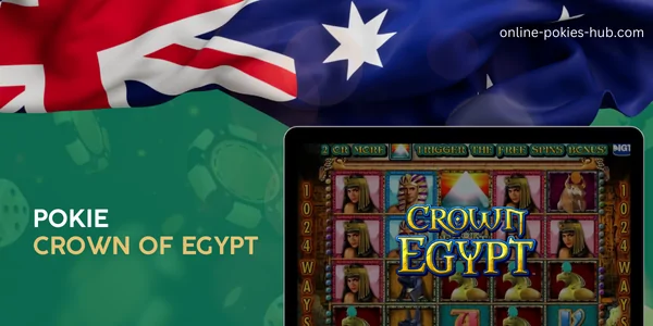 monitor with pokie crown of egypt, australian flag, inscription on green playing chips and dice background