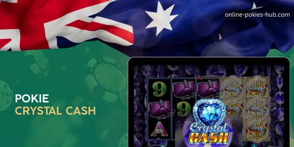 monitor with pokie crystal cash, australian flag, inscription on green playing chips and dice background
