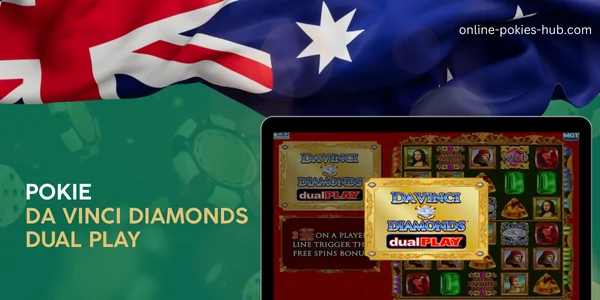 monitor with pokie da vinci diamonds dual play, australian flag, inscription on green playing chips and dice background