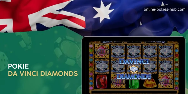 monitor with pokie da vinci diamonds, australian flag, inscription on green playing chips and dice background