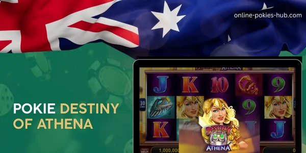 monitor with pokie destiny of athena, australian flag, inscription on green playing chips and dice background