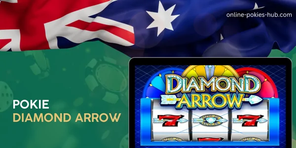 monitor with pokie diamond arrow, australian flag, inscription on green playing chips and dice background