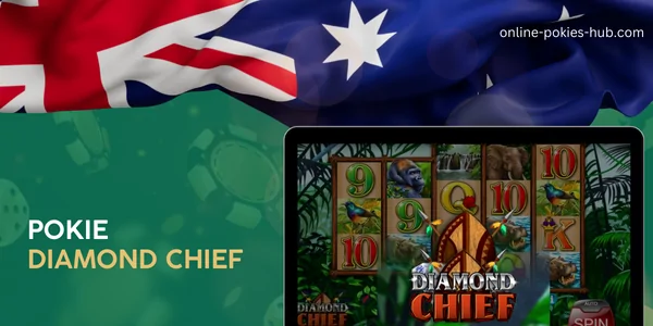 monitor with pokie diamond chief, australian flag, inscription on green playing chips and dice background
