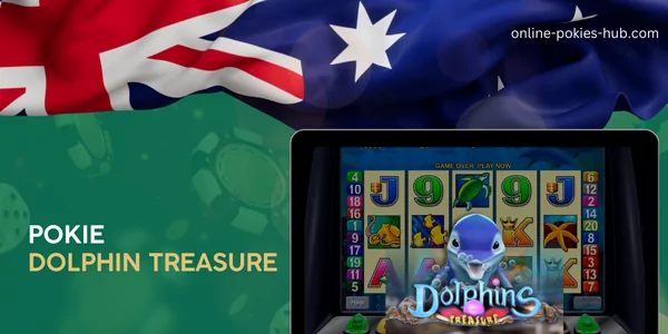 monitor with pokie dolphin treasure, australian flag, inscription on green playing chips and dice background