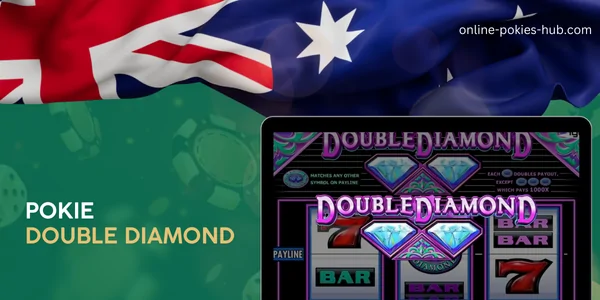 monitor with pokie double diamond, australian flag, inscription on green playing chips and dice background
