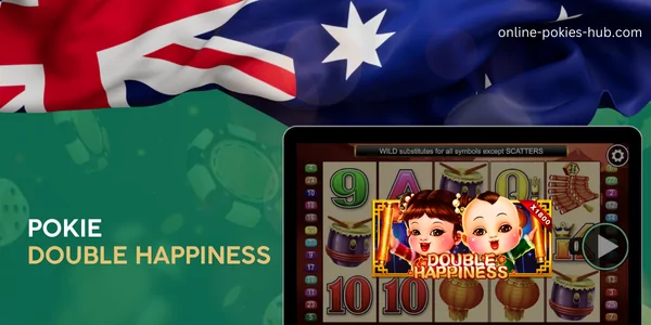 monitor with pokie double happiness, australian flag, inscription on green playing chips and dice background