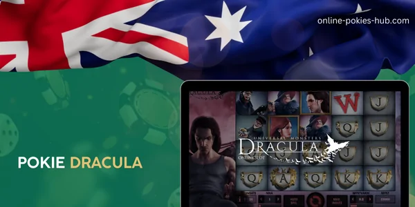 monitor with pokie dracula, australian flag, inscription on green playing chips and dice background