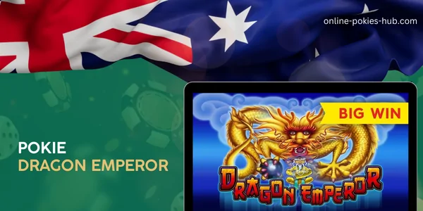 monitor with pokie dragon emperor, australian flag, inscription on green playing chips and dice background
