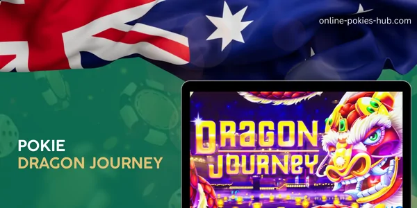 monitor with pokie dragon journey, australian flag, inscription on green playing chips and dice background