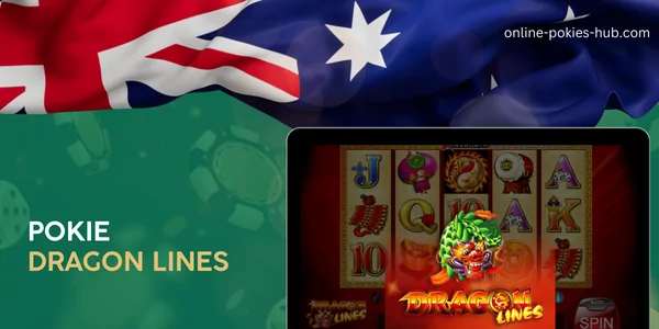 monitor with pokie dragon lines, australian flag, inscription on green playing chips and dice background