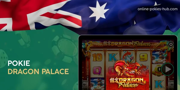 monitor with pokie dragon palace, australian flag, inscription on green playing chips and dice background