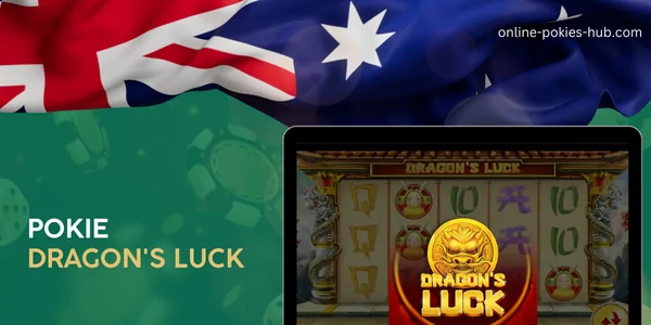 monitor with pokie dragon's luck, australian flag, inscription on green playing chips and dice background