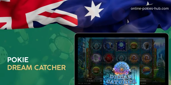 monitor with pokie dream catcher, australian flag, inscription on green playing chips and dice background