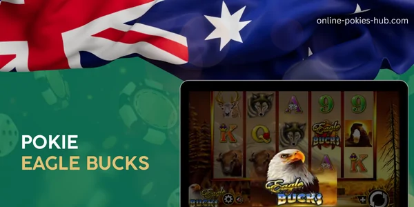 monitor with pokie eagle bucks, australian flag, inscription on green playing chips and dice background