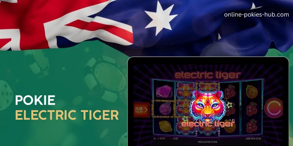 monitor with pokie electric tiger, australian flag, inscription on green playing chips and dice background