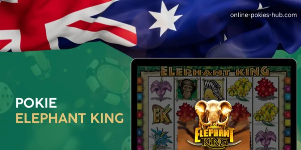 monitor with pokie elephant king, australian flag, inscription on green playing chips and dice background