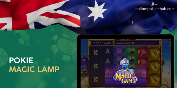 monitor with pokie magic lamp, australian flag, inscription on green playing chips and dice background