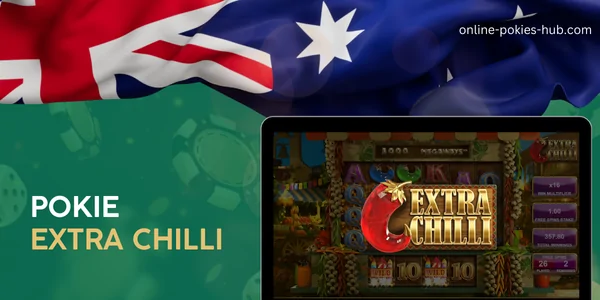 monitor with pokie extra chilli, australian flag, inscription on green playing chips and dice background