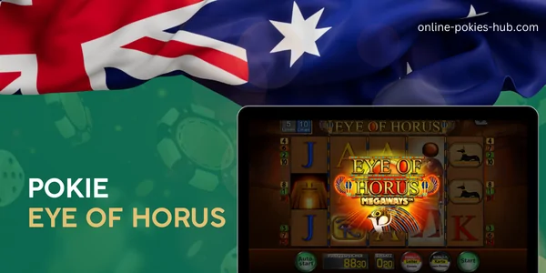 monitor with pokie eye of horus, australian flag, inscription on green playing chips and dice background