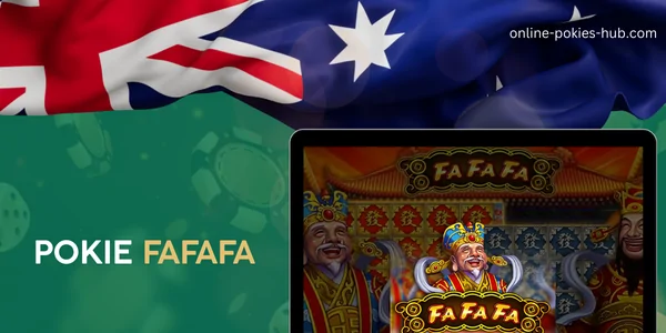 monitor with pokie fafafa, australian flag, inscription on green playing chips and dice background