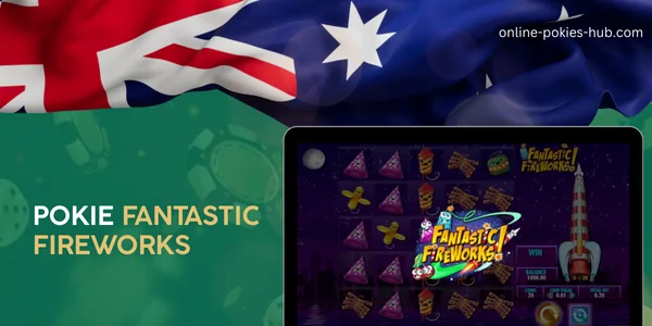 monitor with pokie fantastic fireworks, australian flag, inscription on green playing chips and dice background