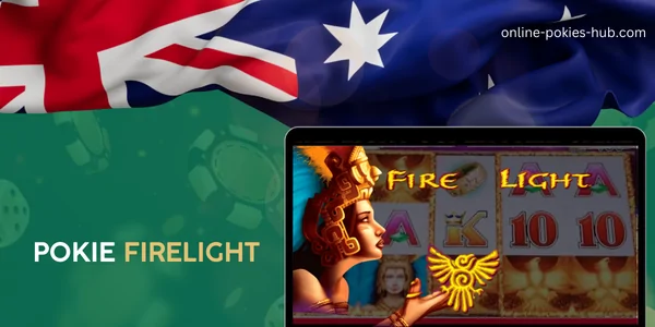 monitor with pokie firelight, australian flag, inscription on green playing chips and dice background