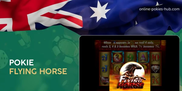 monitor with pokie flying horse, australian flag, inscription on green playing chips and dice background