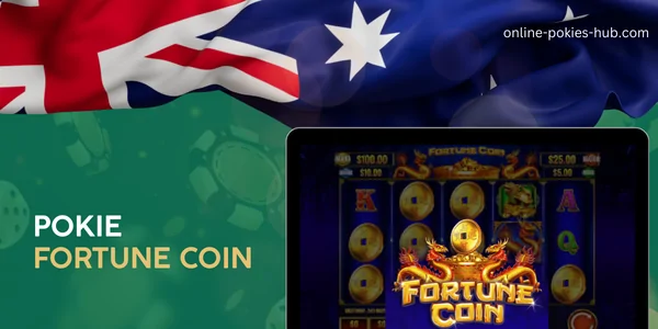 monitor with pokie fortune coin, australian flag, inscription on green playing chips and dice background