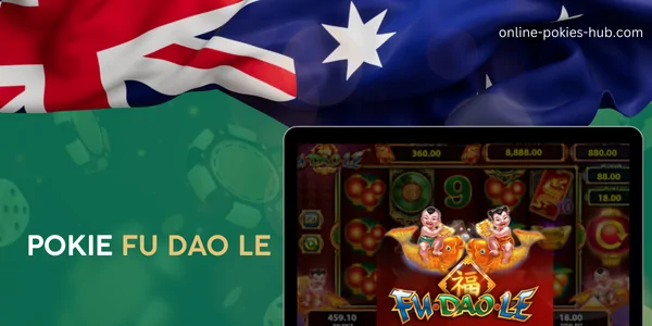 monitor with pokie fu dao le, australian flag, inscription on green playing chips and dice background