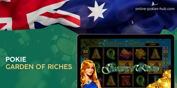 monitor with pokie garden of riches, australian flag, inscription on green playing chips and dice background