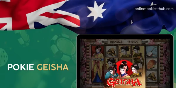 monitor with pokie geisha, australian flag, inscription on green playing chips and dice background
