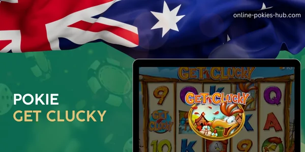 monitor with pokie get clucky, australian flag, inscription on green playing chips and dice background