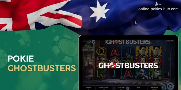 monitor with pokie ghostbusters, australian flag, inscription on green playing chips and dice background