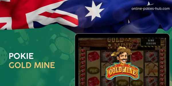 monitor with pokie gold mine, australian flag, inscription on green playing chips and dice background
