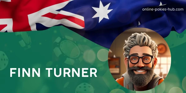 pokies expert finn turner, australian flag, inscription on green playing chips and dice background