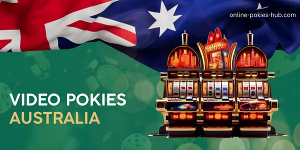 video slots, australian flag, inscription on green playing chips and dice background