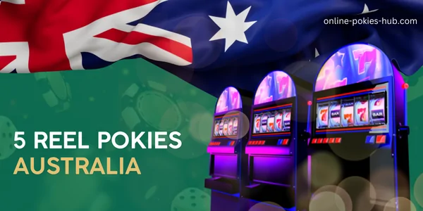 5 reel slots, australian flag, inscription on green playing chips and dice background