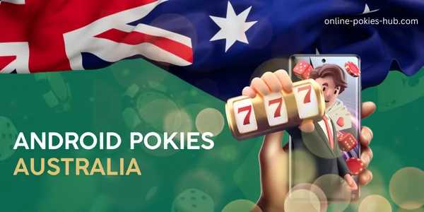 android with 777 slot, australian flag, inscription on green playing chips and dice background