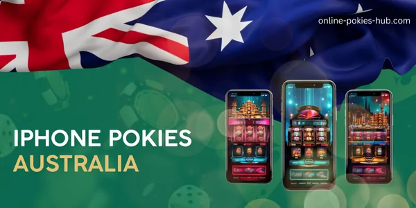 iphone with pokies, australian flag, inscription on green playing chips and dice background