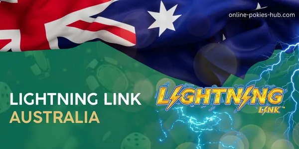 lightning links logo, australian flag, inscription on green playing chips and dice background