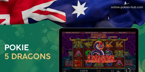 monitor with pokie 5 dragons, australian flag, inscription on green playing chips and dice background